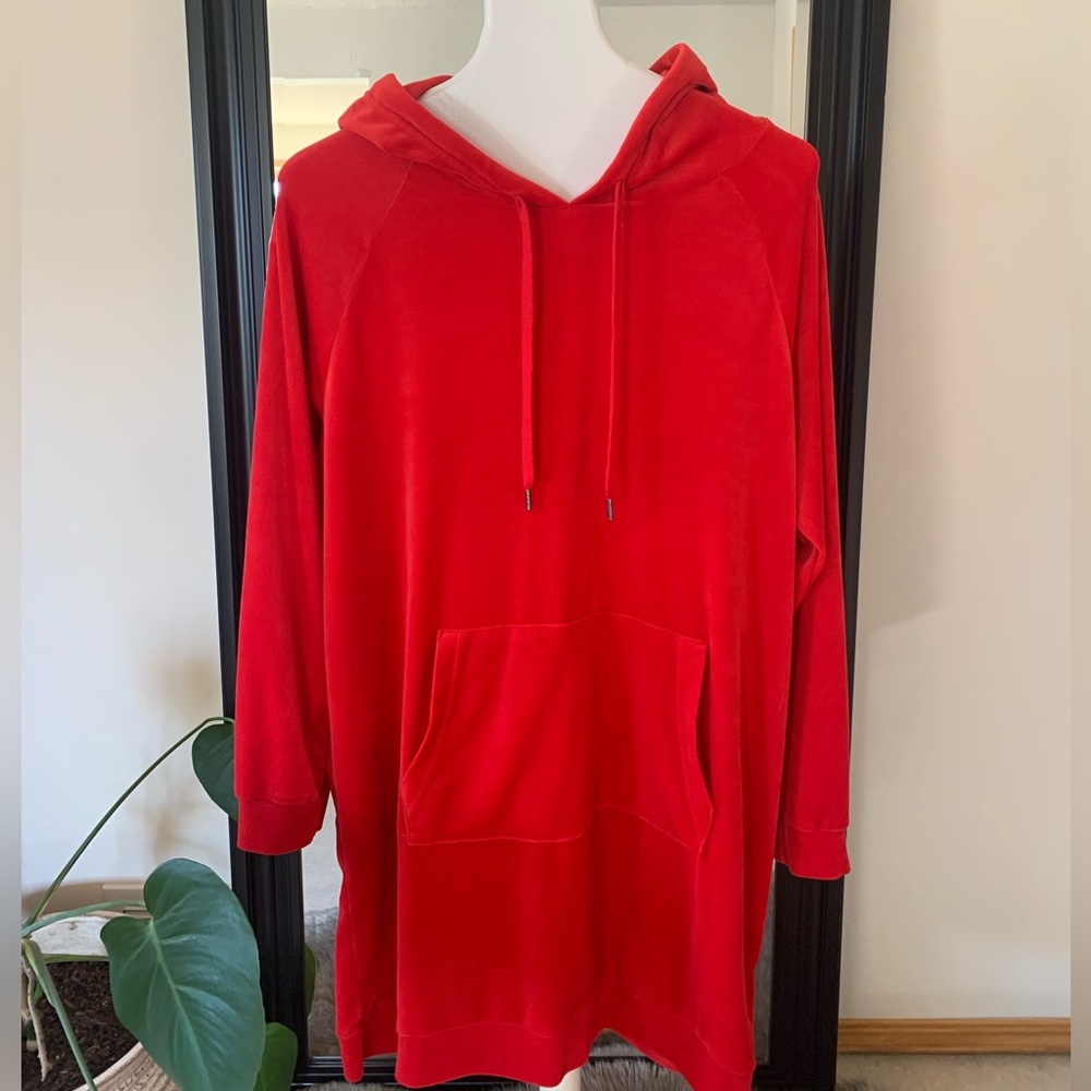 Red Soft Velour Long Sleeve Hoodie Tunic Dress